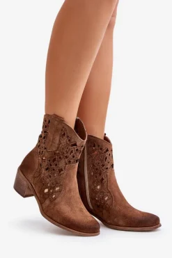 Damskie Botki Na Obcasie Z Ażurowym Wzorem Lewski 3394/2 Brązowe