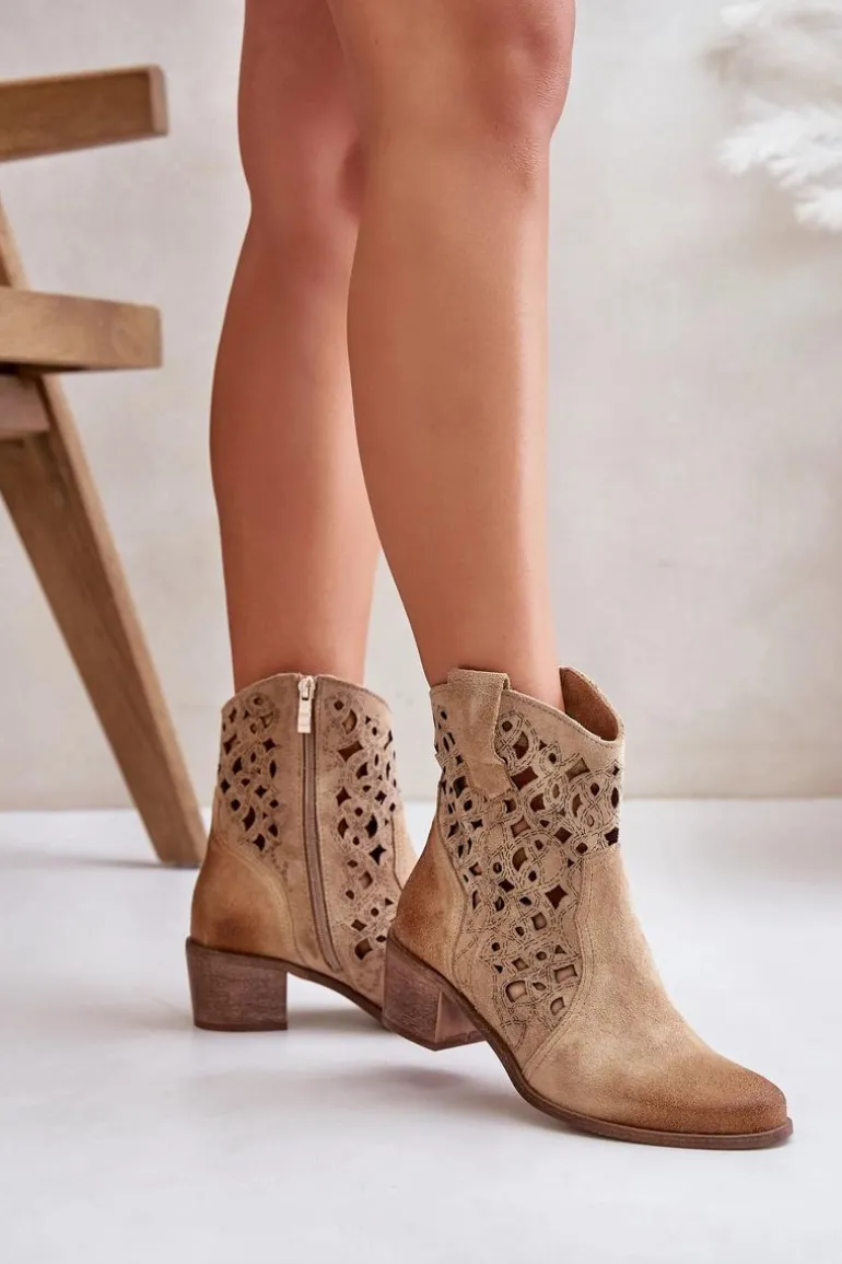 Damskie Botki Na Obcasie Z Ażurowym Wzorem Lewski 3394/2 Beżowe