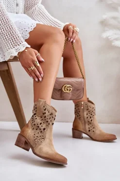 Damskie Botki Na Obcasie Z Ażurowym Wzorem Lewski 3394/2 Beżowe