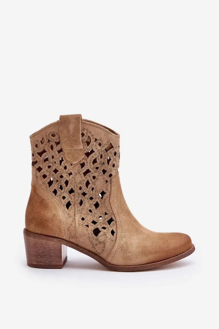 Damskie Botki Na Obcasie Z Ażurowym Wzorem Lewski 3394/2 Beżowe