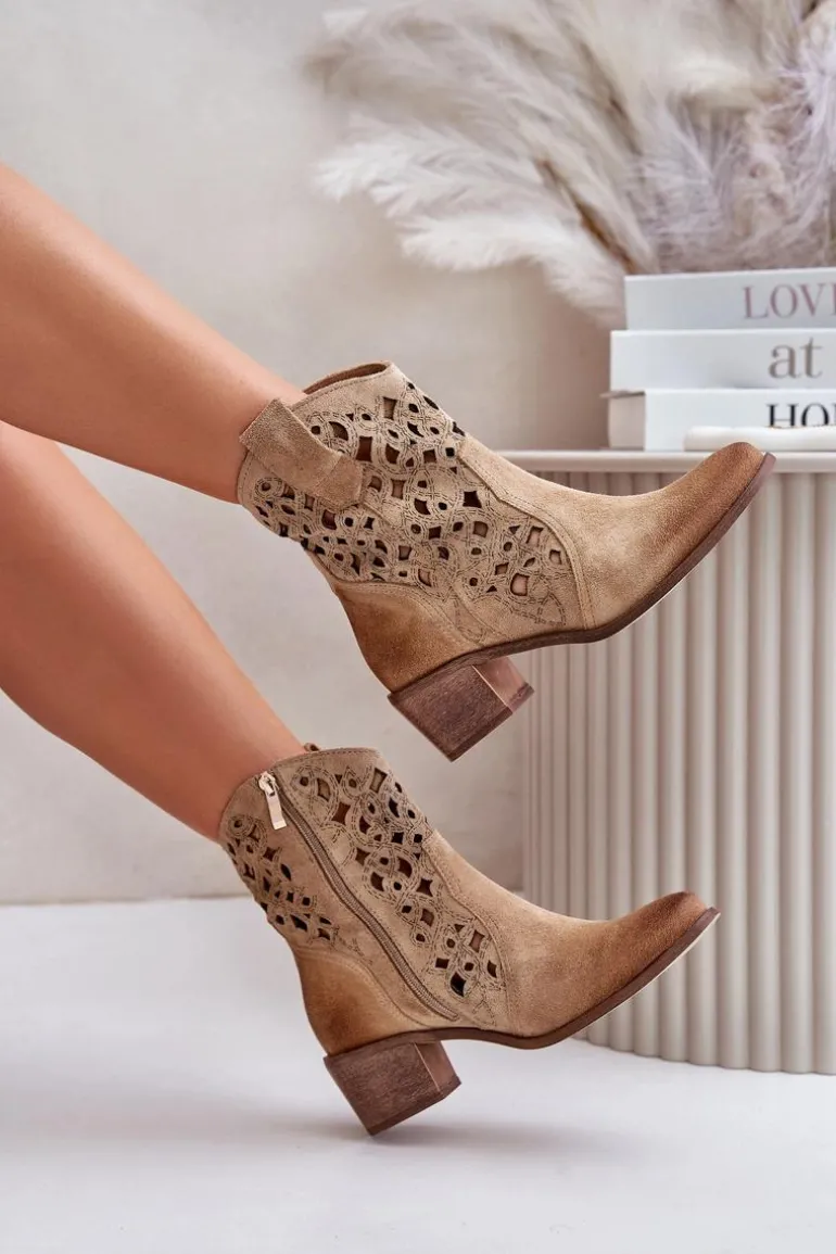 Damskie Botki Na Obcasie Z Ażurowym Wzorem Lewski 3394/2 Beżowe