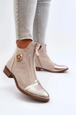 Damskie Botki Na Płaskim Obcasie Z Zamkiem Beżowe Loratie