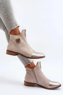 Damskie Botki Na Płaskim Obcasie Z Zamkiem Beżowe Loratie
