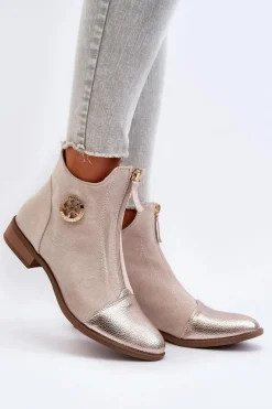 Damskie Botki Na Płaskim Obcasie Z Zamkiem Beżowe Loratie