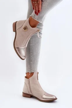 Damskie Botki Na Płaskim Obcasie Z Zamkiem Beżowe Loratie
