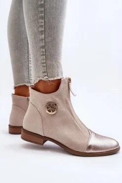 Damskie Botki Na Płaskim Obcasie Z Zamkiem Beżowe Loratie