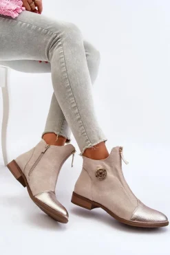 Damskie Botki Na Płaskim Obcasie Z Zamkiem Beżowe Loratie