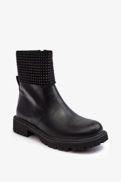 Damskie Botki Na Płaskim Obcasie Ze Zdobieniem Czarne Zanidite