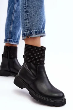 Damskie Botki Na Płaskim Obcasie Ze Zdobieniem Czarne Zanidite