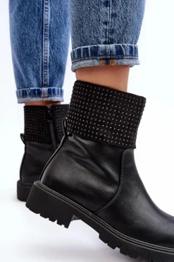 Damskie Botki Na Płaskim Obcasie Ze Zdobieniem Czarne Zanidite