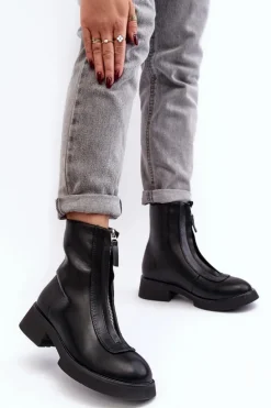 Damskie Botki Na Płaskim Obcasie Z Suwakiem Czarne Elkasa