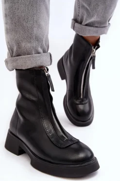 Damskie Botki Na Płaskim Obcasie Z Suwakiem Czarne Elkasa