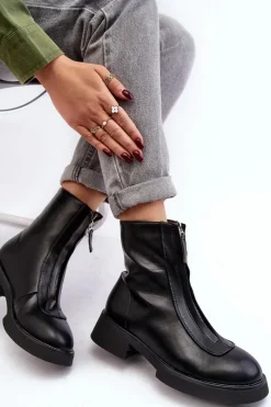 Damskie Botki Na Płaskim Obcasie Z Suwakiem Czarne Elkasa