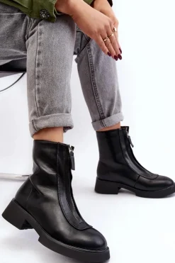 Damskie Botki Na Płaskim Obcasie Z Suwakiem Czarne Elkasa