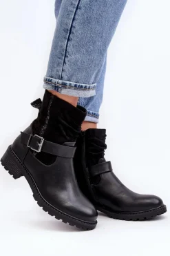 Damskie Botki Na Płaskim Obcasie Z Klamrą Czarne Cillolis