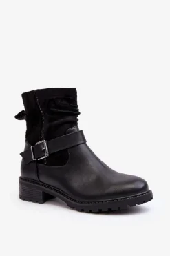 Damskie Botki Na Płaskim Obcasie Z Klamrą Czarne Cillolis