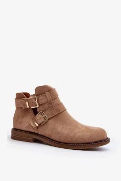 Damskie Botki Na Płaskim Obcasie Z Paskami Beżowe Melviana