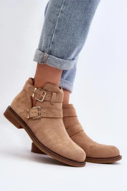 Damskie Botki Na Płaskim Obcasie Z Paskami Beżowe Melviana