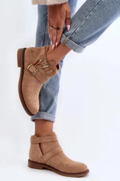 Damskie Botki Na Płaskim Obcasie Z Paskami Beżowe Melviana