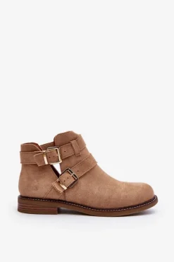 Damskie Botki Na Płaskim Obcasie Z Paskami Beżowe Melviana