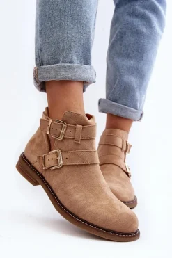 Damskie Botki Na Płaskim Obcasie Z Paskami Beżowe Melviana