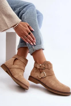 Damskie Botki Na Płaskim Obcasie Z Paskami Beżowe Melviana