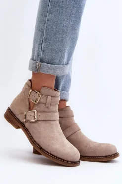 Damskie Botki Na Płaskim Obcasie Z Paskami Jasnobeżowe Melviana