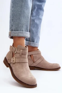 Damskie Botki Na Płaskim Obcasie Z Paskami Jasnobeżowe Melviana