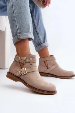 Damskie Botki Na Płaskim Obcasie Z Paskami Jasnobeżowe Melviana