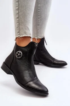 Damskie Botki Na Płaskim Obcasie Z Zamkiem Czarne Loratie