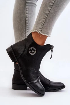 Damskie Botki Na Płaskim Obcasie Z Zamkiem Czarne Loratie