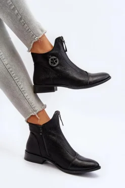 Damskie Botki Na Płaskim Obcasie Z Zamkiem Czarne Loratie