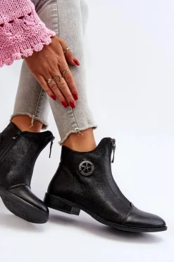 Damskie Botki Na Płaskim Obcasie Z Zamkiem Czarne Loratie