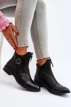 Damskie Botki Na Płaskim Obcasie Z Zamkiem Czarne Loratie