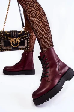 Damskie Botki Na Platformie Bordowe Randi