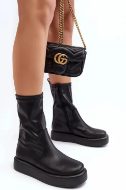 Damskie Botki Na Platformie Ekoskóra Czarne Algedi