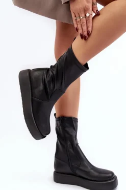 Damskie Botki Na Platformie Ekoskóra Czarne Algedi