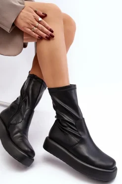 Damskie Botki Na Platformie Ekoskóra Czarne Algedi