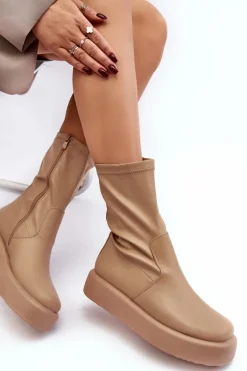 Damskie Botki Na Platformie Ekoskóra Beżowe Algedi