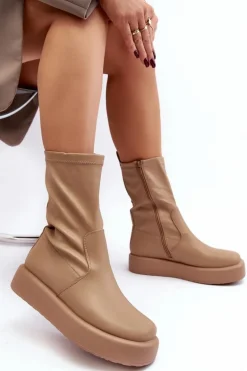 Damskie Botki Na Platformie Ekoskóra Beżowe Algedi