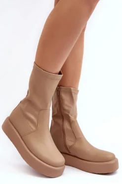 Damskie Botki Na Platformie Ekoskóra Beżowe Algedi