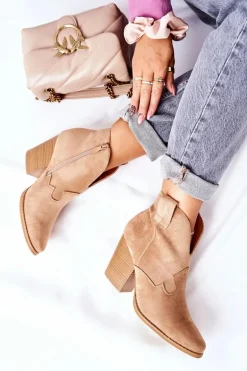 Damskie Botki Na Słupku Beżowe Meronet