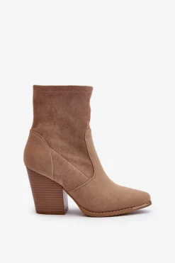 Damskie Botki Na Słupku Beżowe Sanile