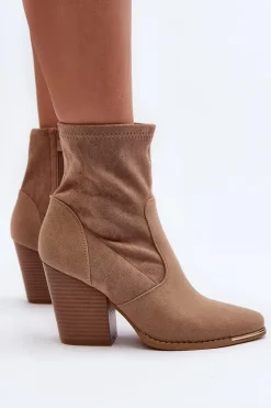 Damskie Botki Na Słupku Beżowe Sanile