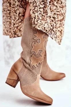 Damskie Botki Na Słupku Beżowe Skórzane Wysokie Rosemary