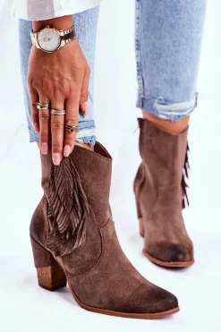 Damskie Botki Na Słupku Cappuccino Skórzane Quintana