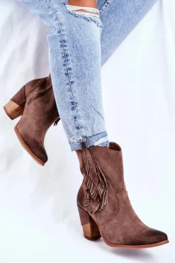 Damskie Botki Na Słupku Cappuccino Skórzane Quintana