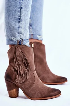 Damskie Botki Na Słupku Cappuccino Skórzane Quintana