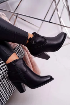 Damskie Botki Na Słupku Czarne Memfis