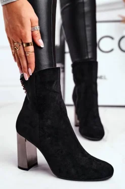 Damskie Botki Na Słupku Czarne Trens